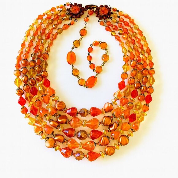 Mid-Century West German Gablonz Glass Beaded Triple Strand Necklace Floral Clasp - Picture 1 of 10